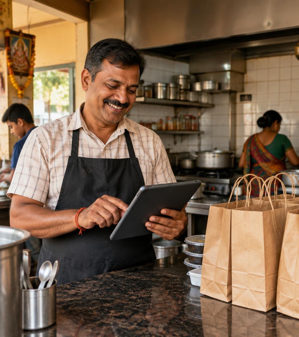 Local restaurant owner managing orders on a tablet