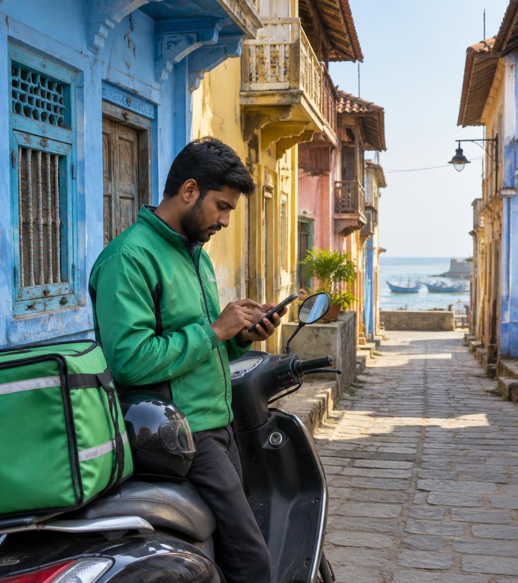 Delivery partner checking navigation in Porbandar old town